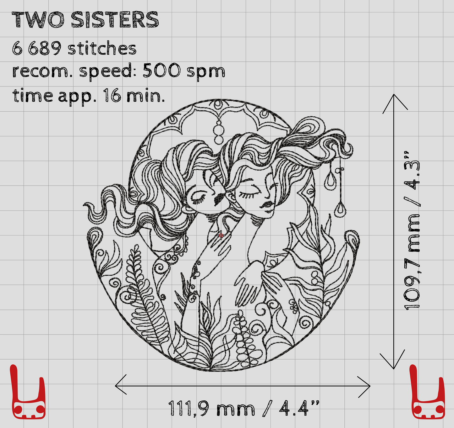 Two sisters digital machine embroidery design