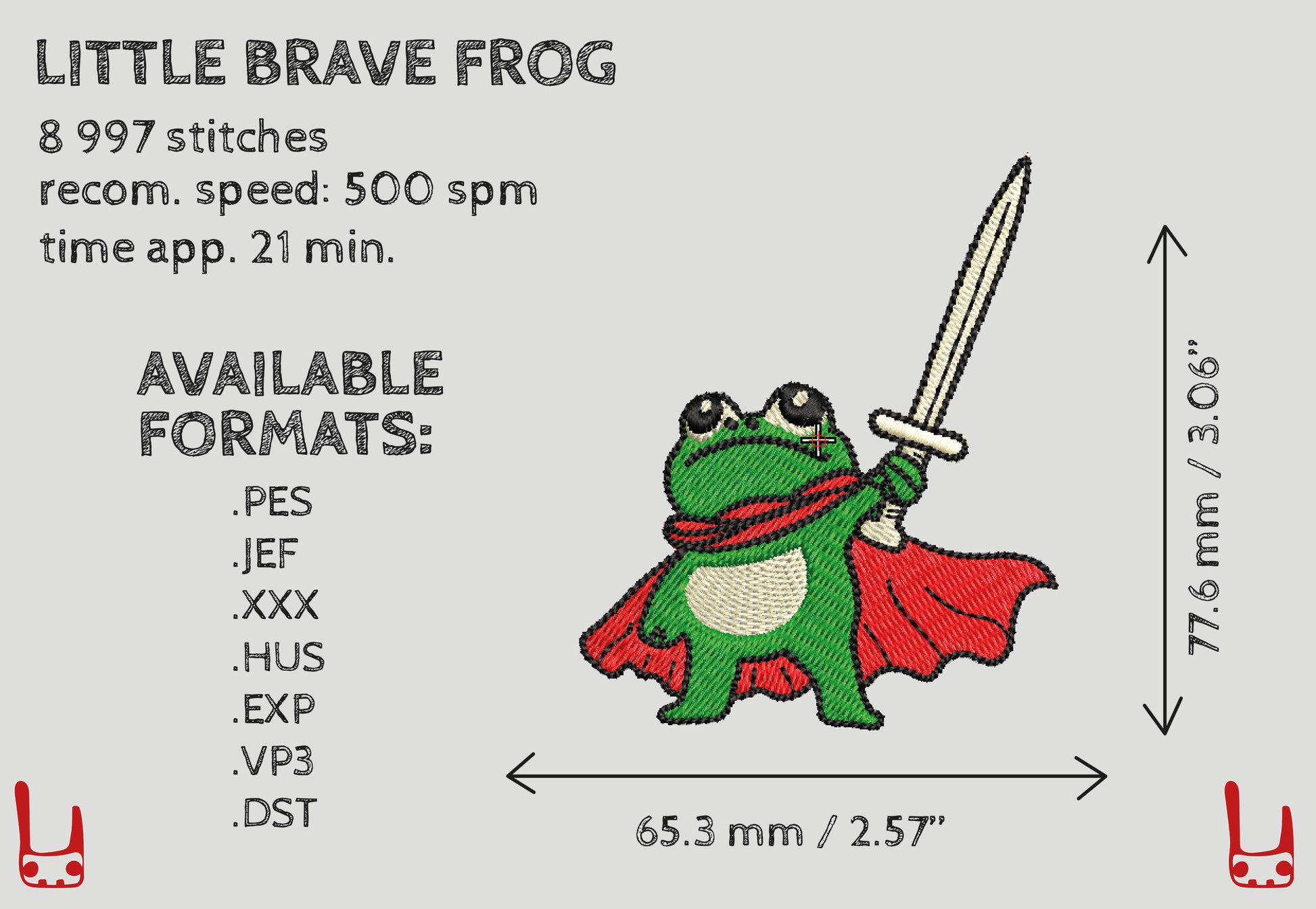 Embroidery design of a frog in superhero costume with text on formats and dimensions.