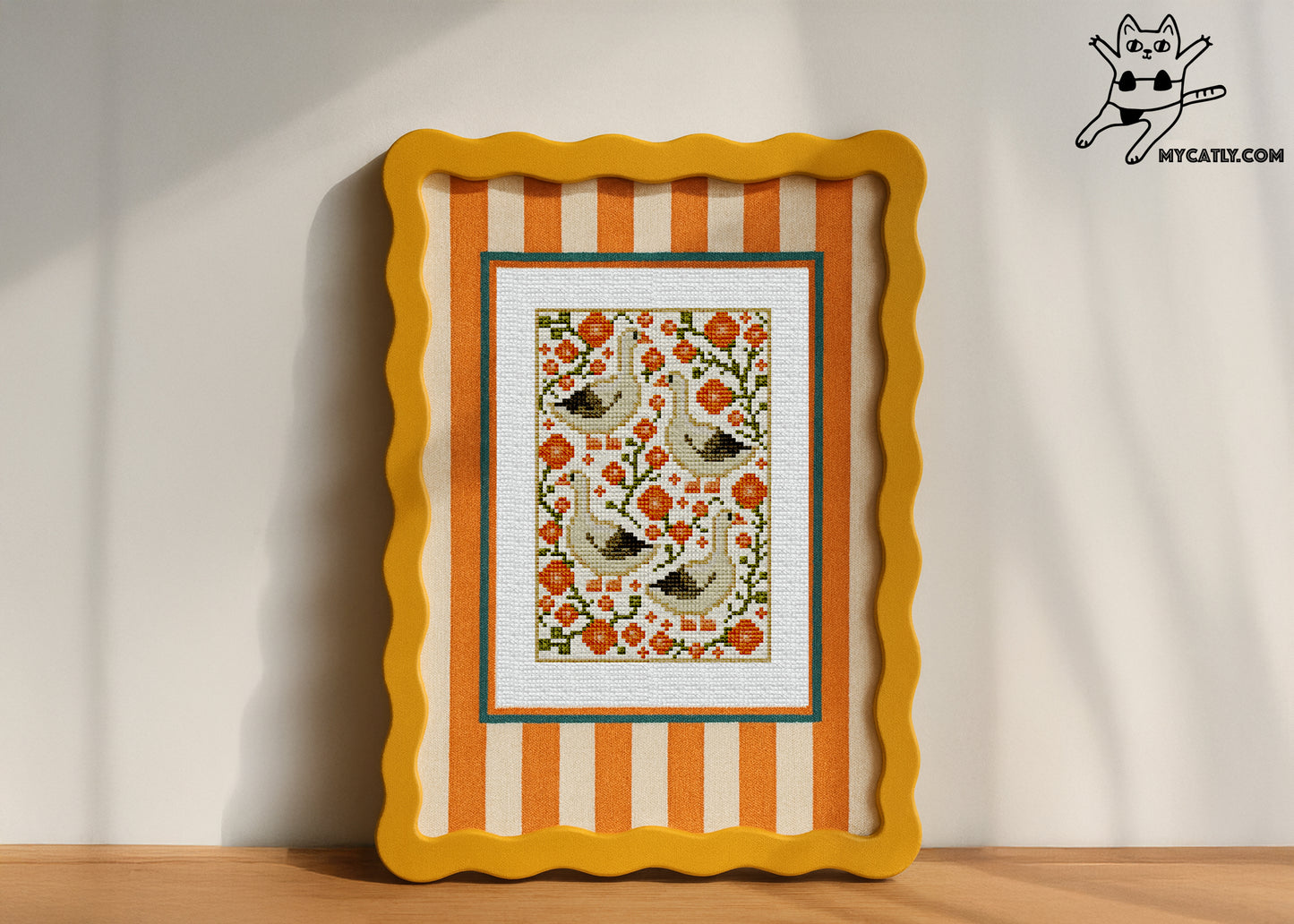 Country kitchen embroidery design featuring geese and orange blossoms