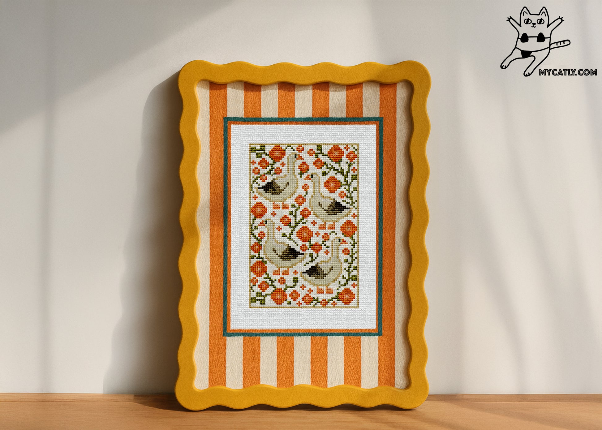 Country kitchen embroidery design featuring geese and orange blossoms