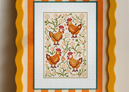 Autumn rooster cross-stitch pattern with flowers in warm fall colors