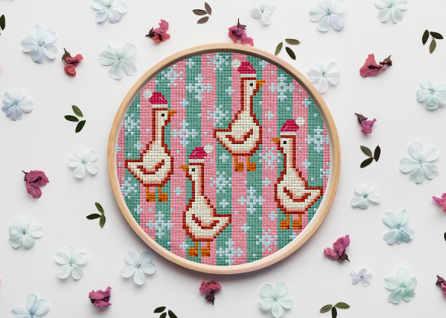 Christmas Geese Cross-Stitch Pattern – Modern Holiday Embroidery Design | Cute Winter Goose Decor for Cozy Home