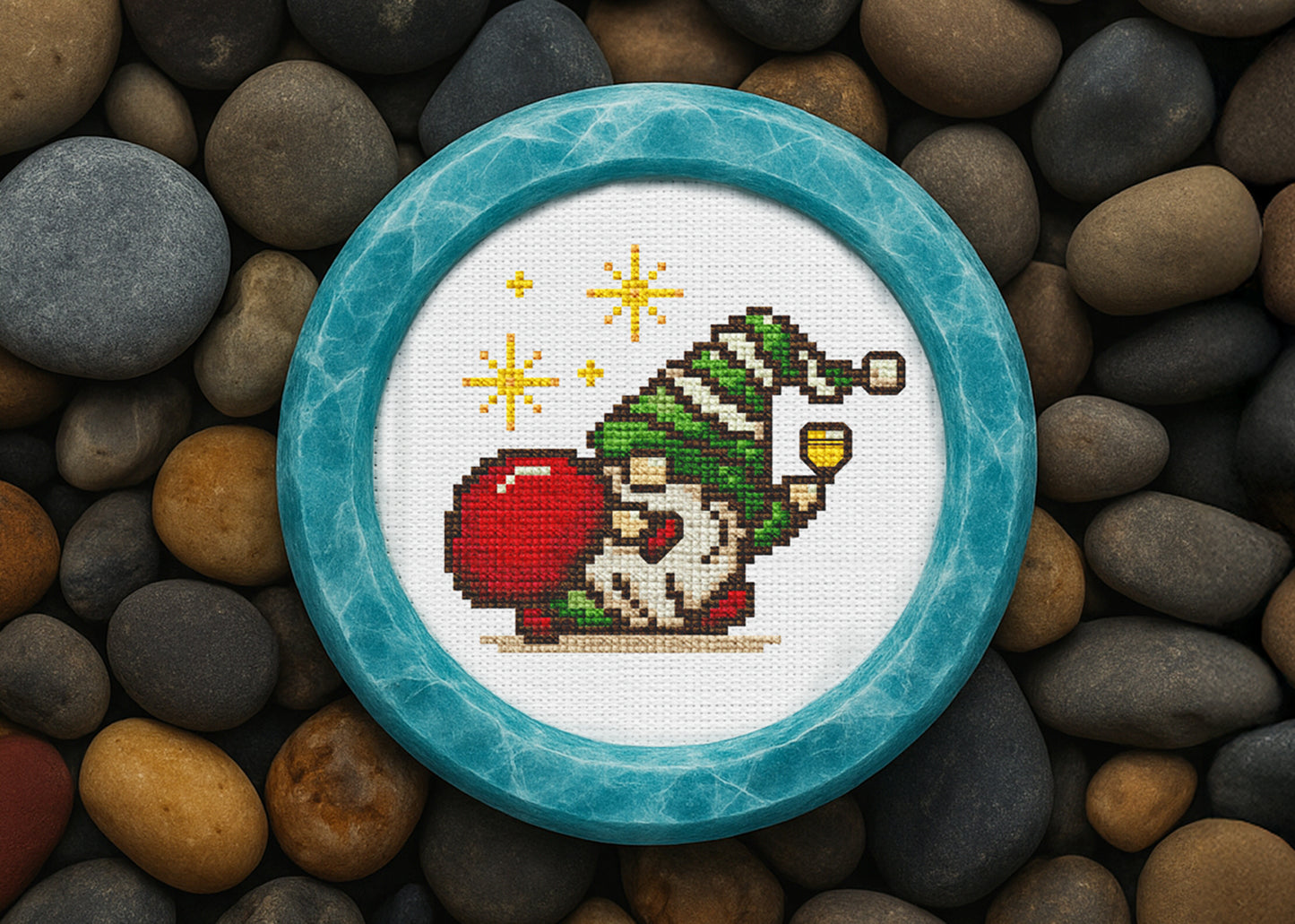 Christmas Gnome Cross-Stitch Art Pattern -  Holiday Gnome with Bell and Gift Bag