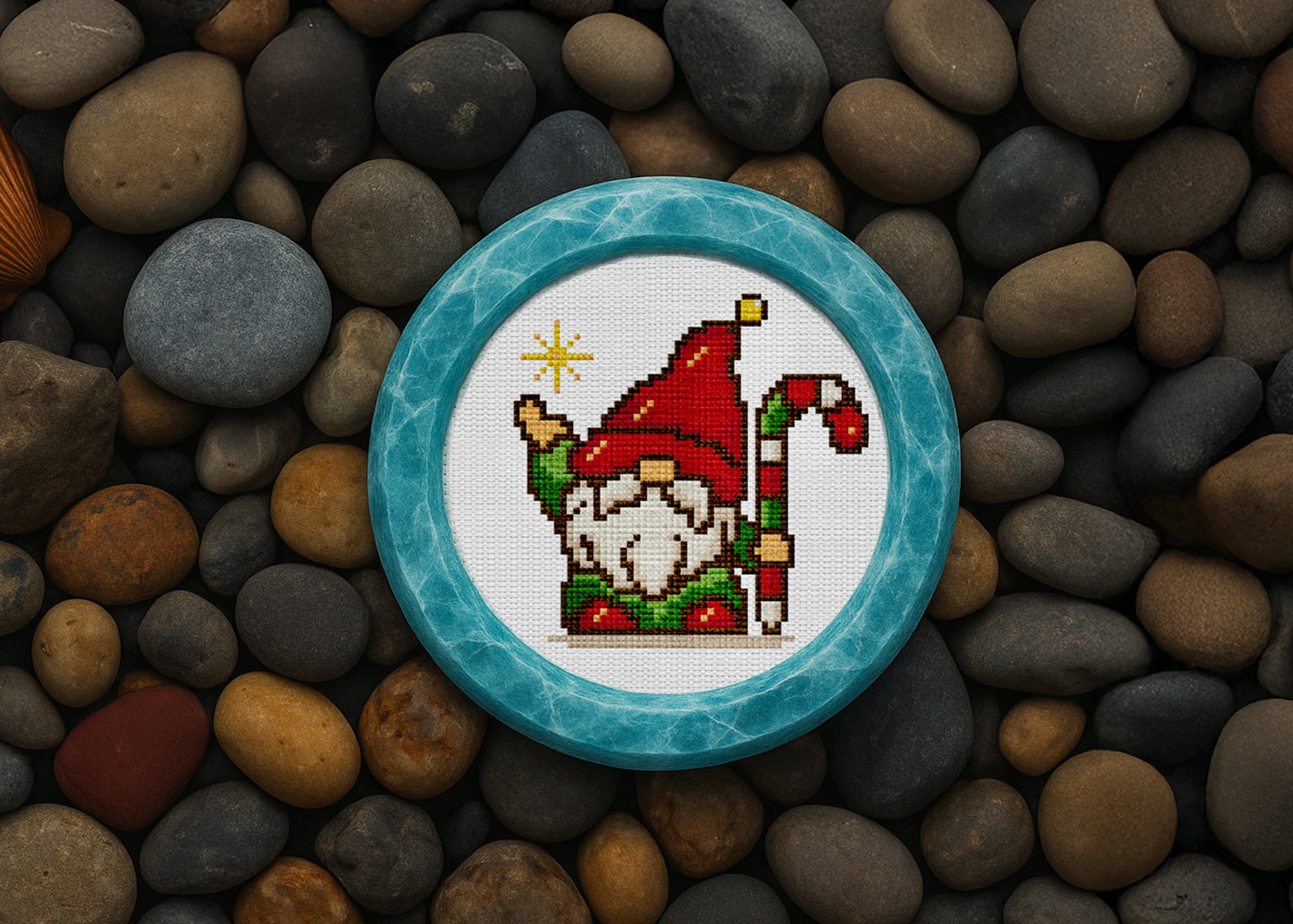 Christmas gnome cross-stitch art holding a candy cane