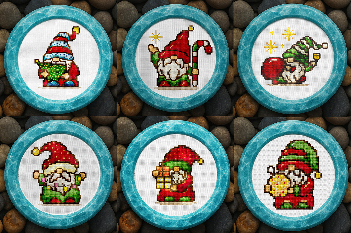 Christmas Gnome Cross-Stitch Pattern Set – 6 Holiday Embroidery Designs | Cute Winter Bundle for Cozy Home Decor