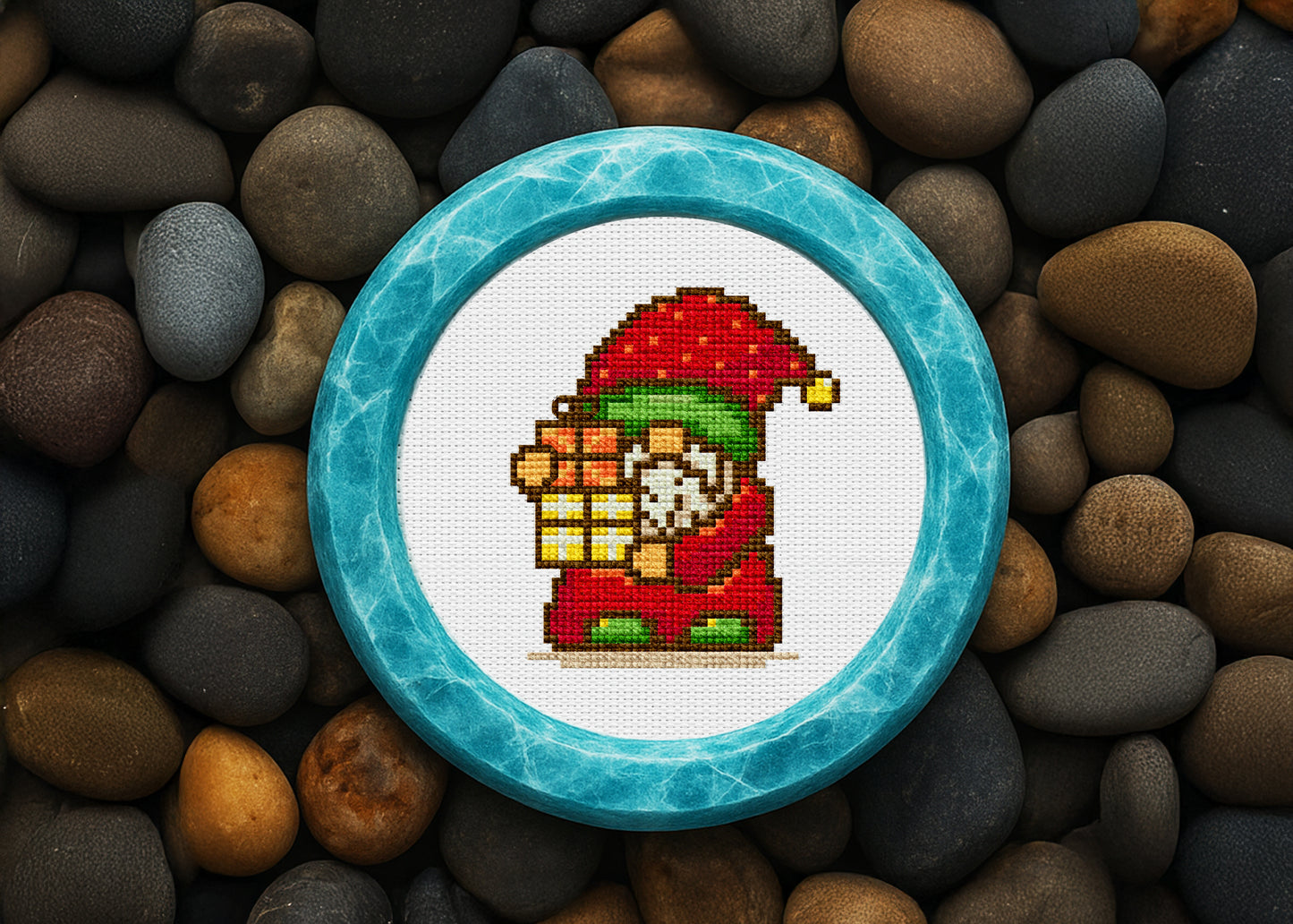 Christmas gnome cross-stitch art holding gift boxes