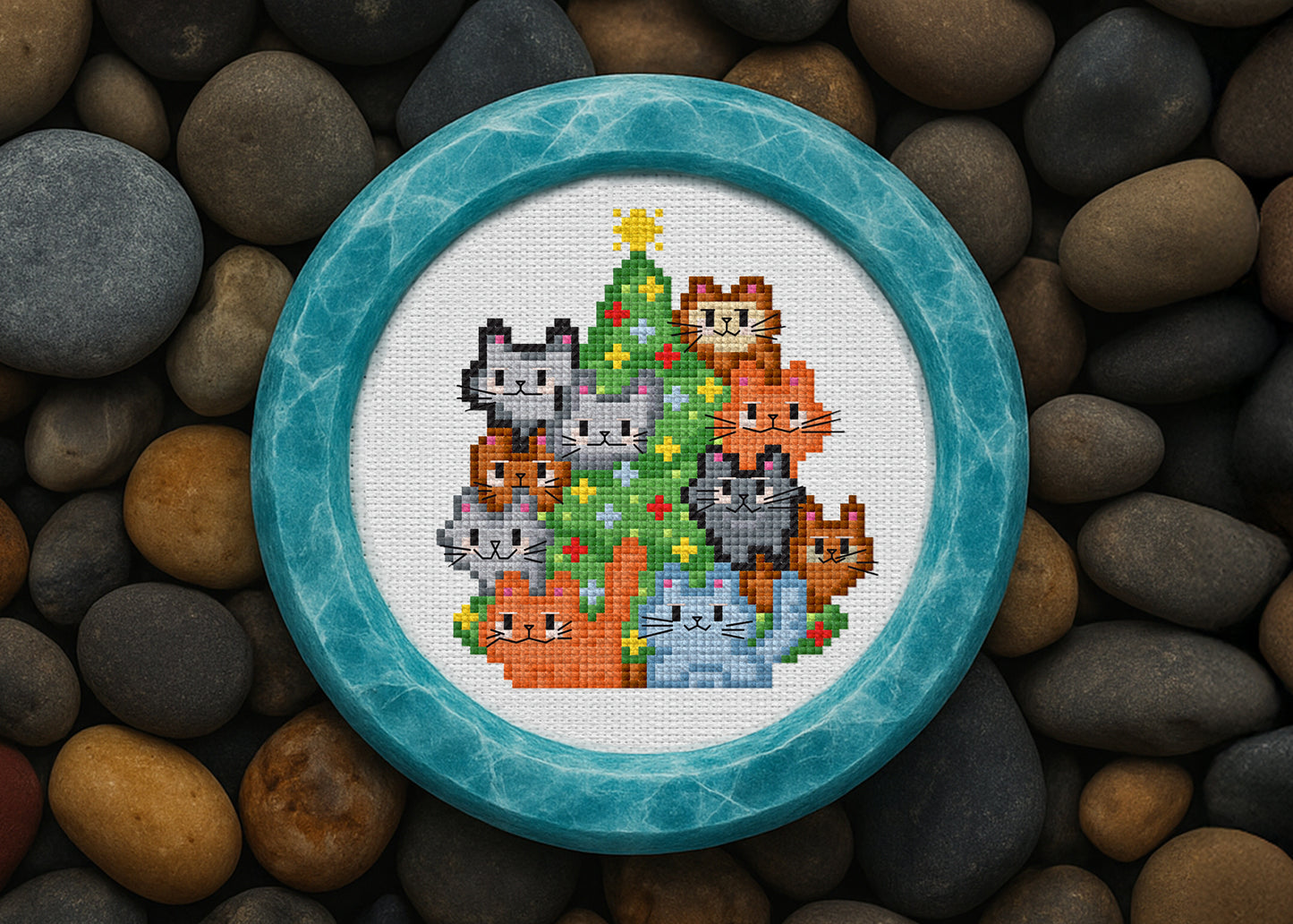 Christmas tree made of cute cats cross-stitch pattern in holiday colors