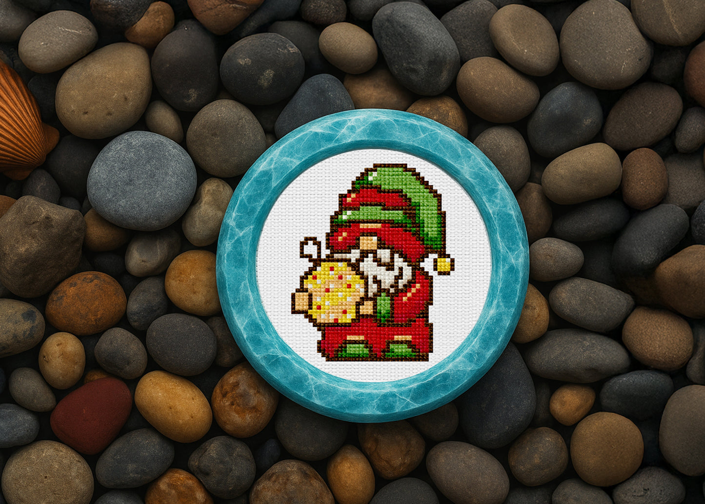 Christmas gnome cross-stitch art with ornament