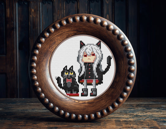 Gothic girl cross-stitch pattern with black cat in pixel art style