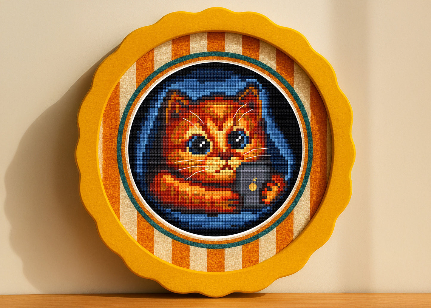 Cozy orange cat embroidery pattern under blanket with phone